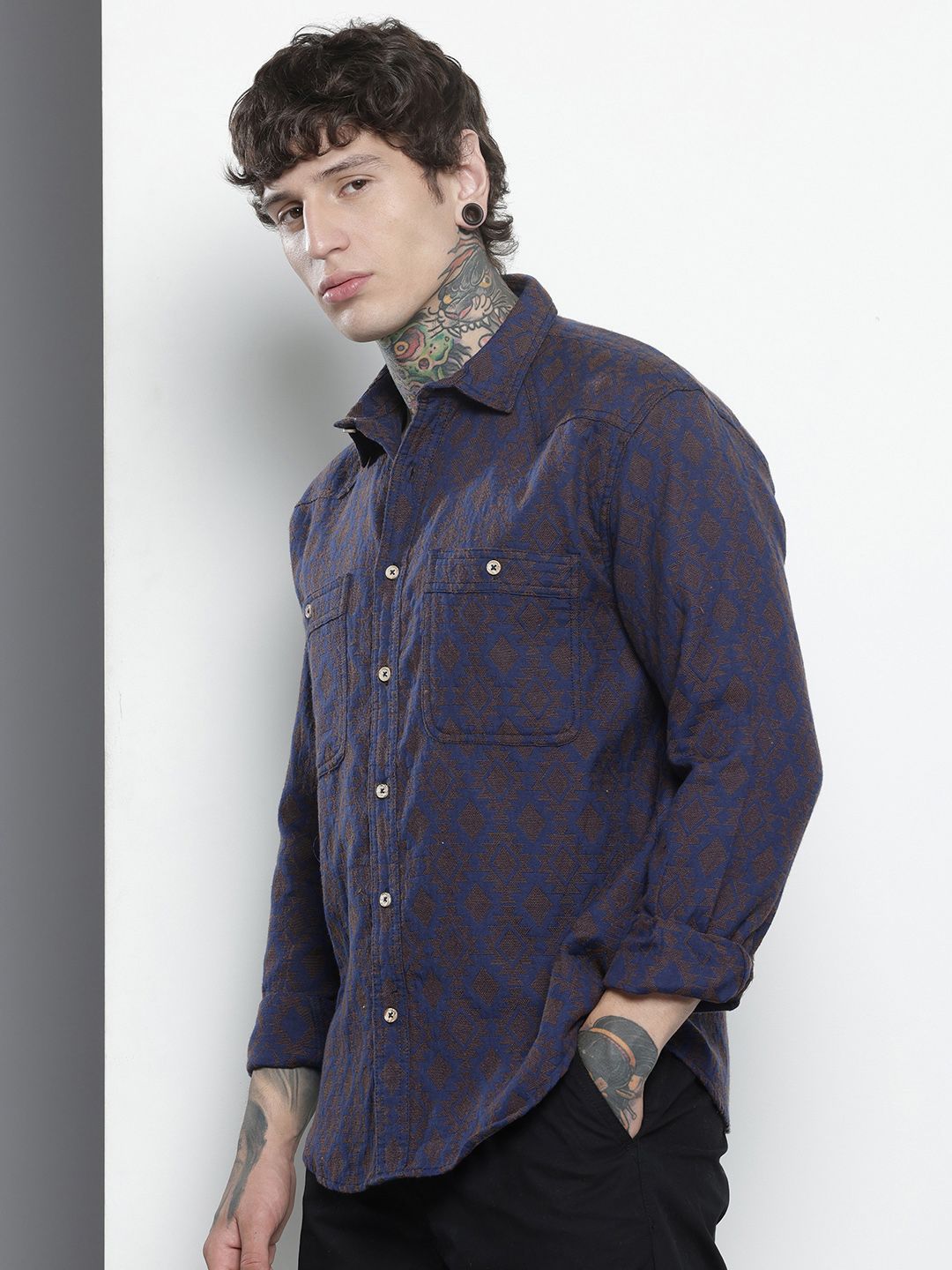Men's Navy Blue Relaxed Fit Textured Casual Shirt