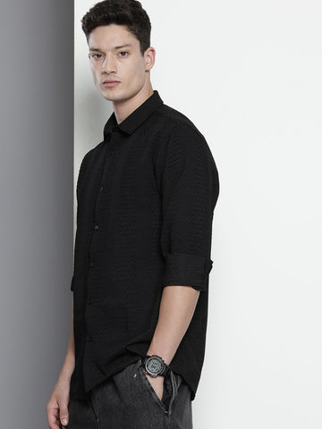 Men's Black Regular Fit Solid Textured Shirt