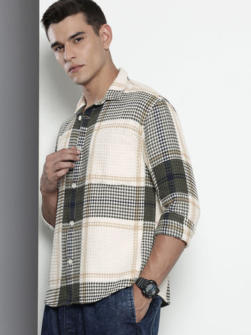 Men's Cream Relaxed Fit Textured Casual Shirt
