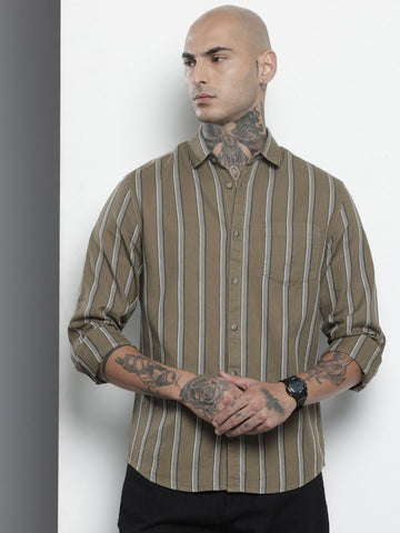 Men's Olive Slim Fit Striped Casual Shirt
