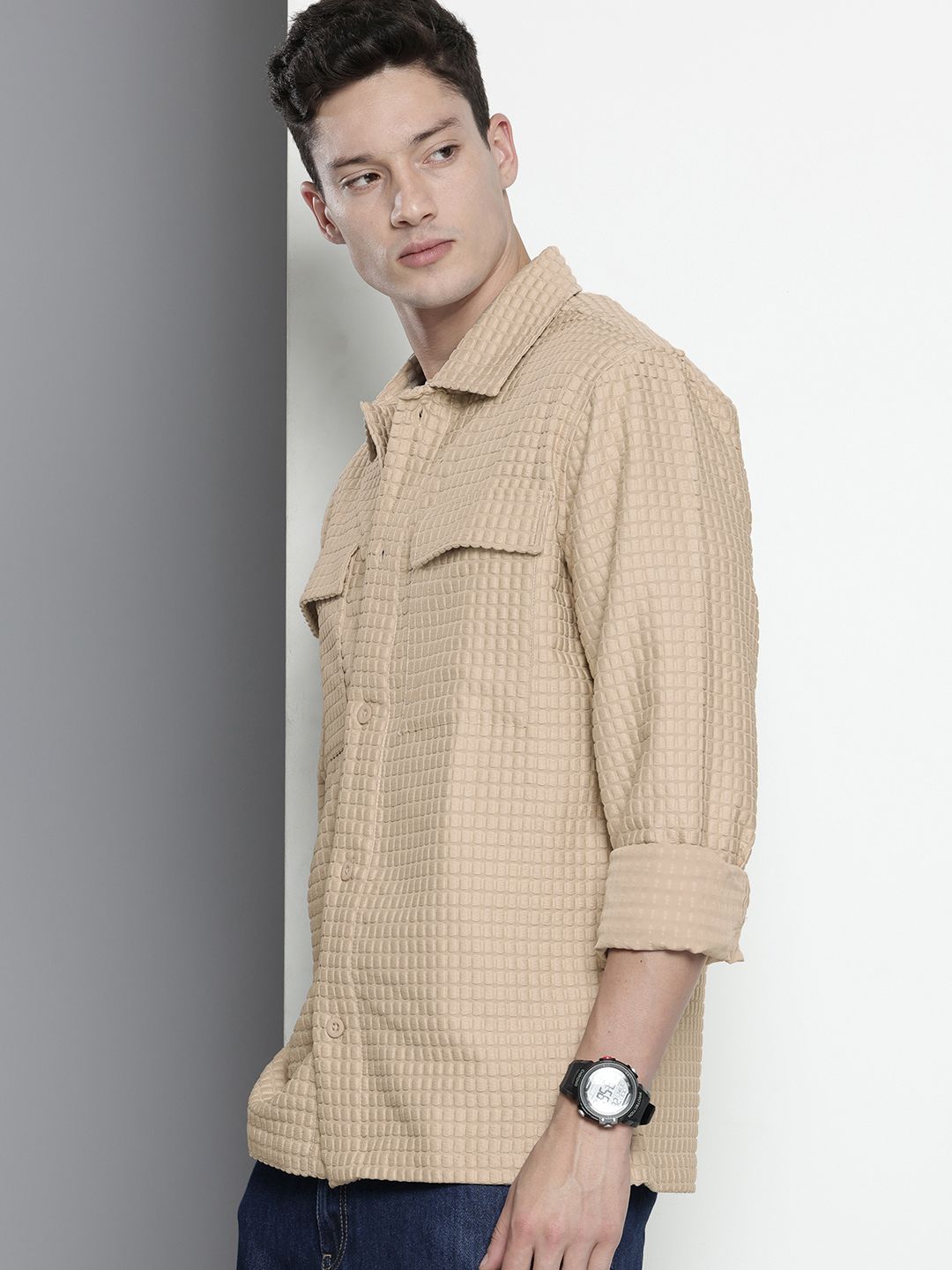 Men's Cream Regular Fit Solid Textured Shirt