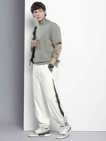 Men's White Relaxed Fit Textured Baggy Joggers