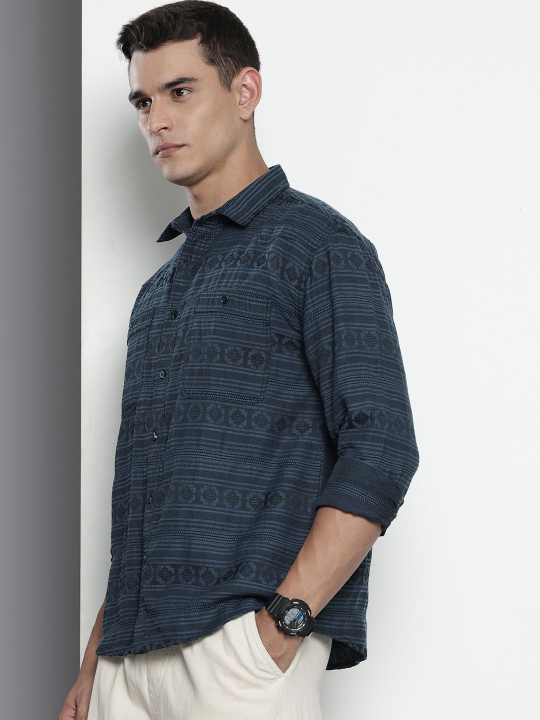 Men's Blue Relaxed Fit Textured Casual Shirt