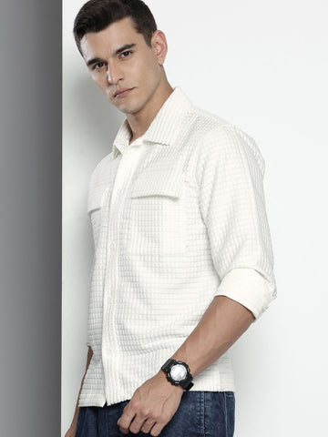 Men's White Regular Fit Solid Textured Shirt