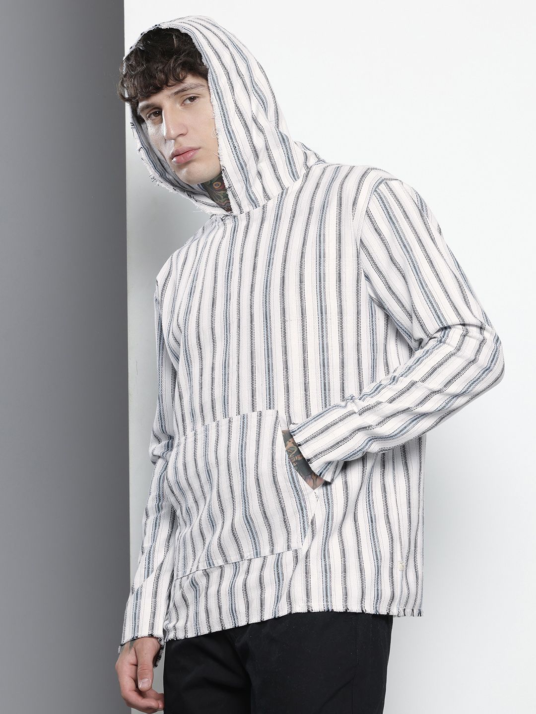 Men's Grey Relaxed Fit Vertical Stripes Resort Wear Shirt