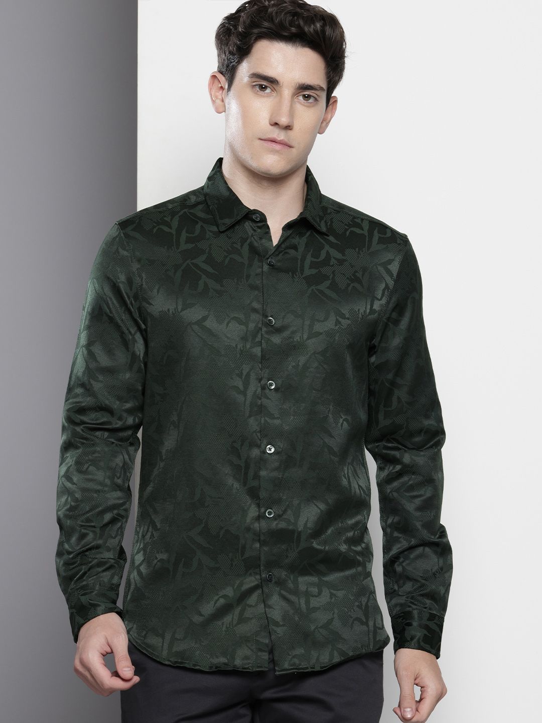 Men's Green Slim Fit Textured Party Wear Shirt