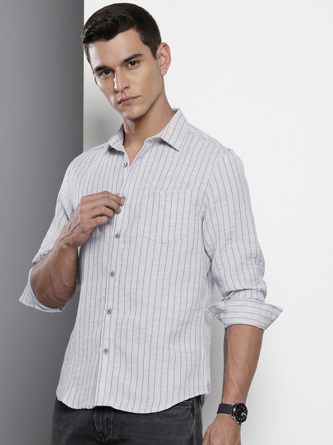 Men's Grey Slim Fit Striped Casual Shirt