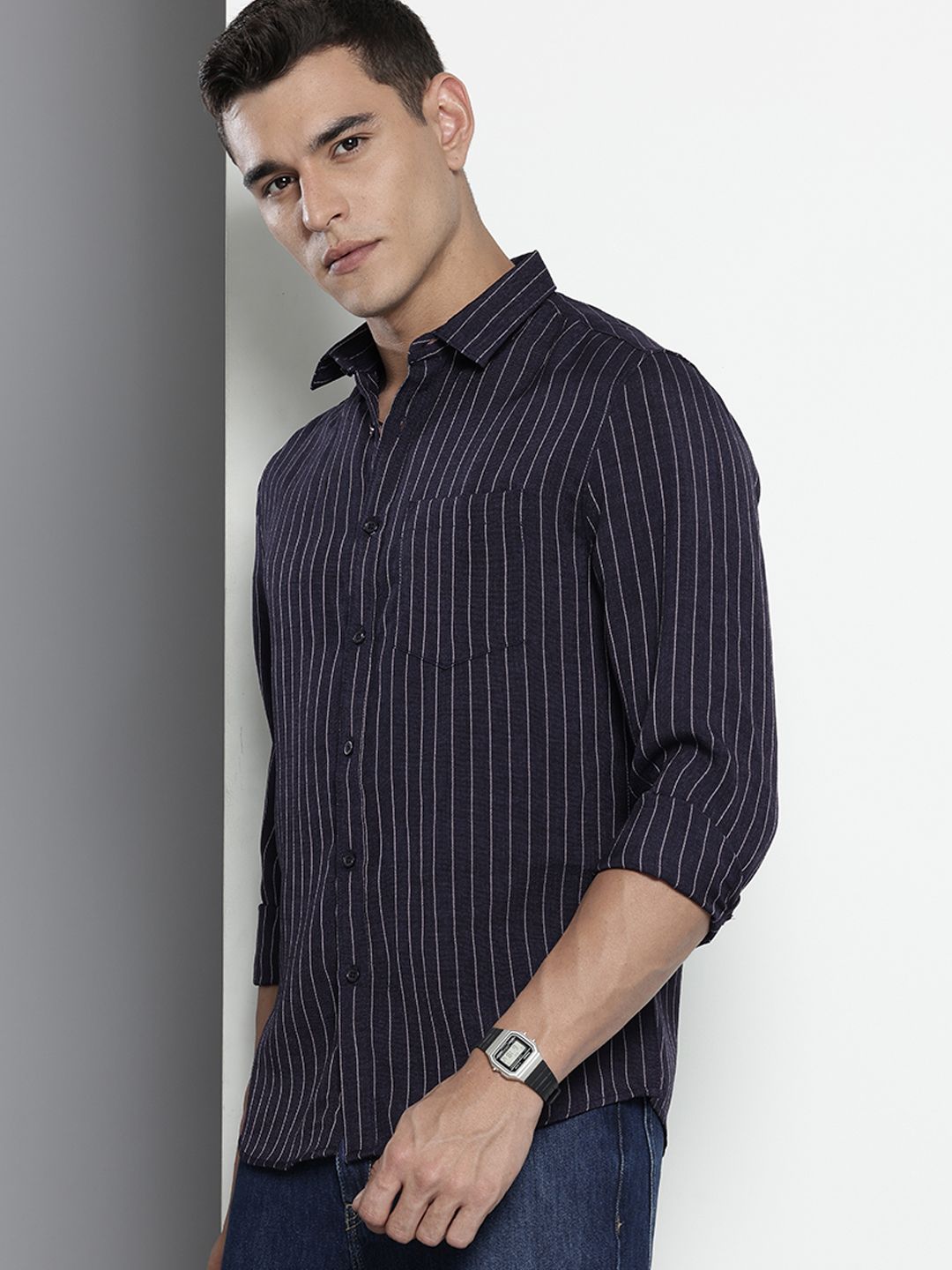 Men's Navy Blue Slim Fit Striped Casual Shirt