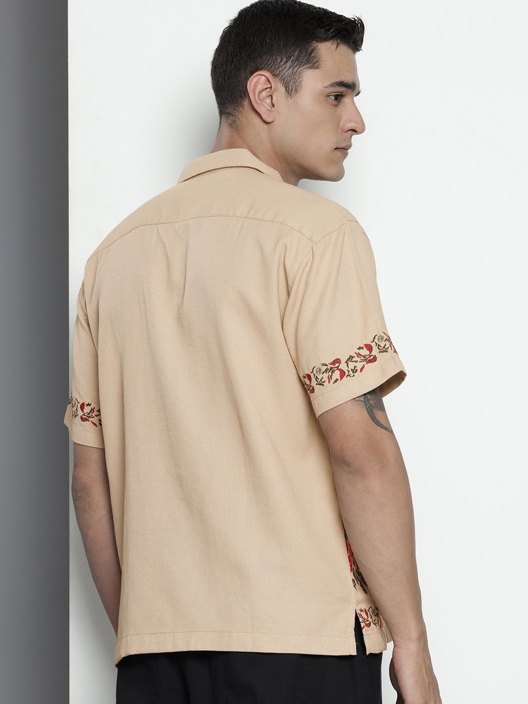 Men's Khaki Relaxed Fit Embroided  Resort Wear Shirt