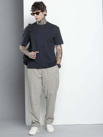 Men's Grey Straight Fit Textured Trousers