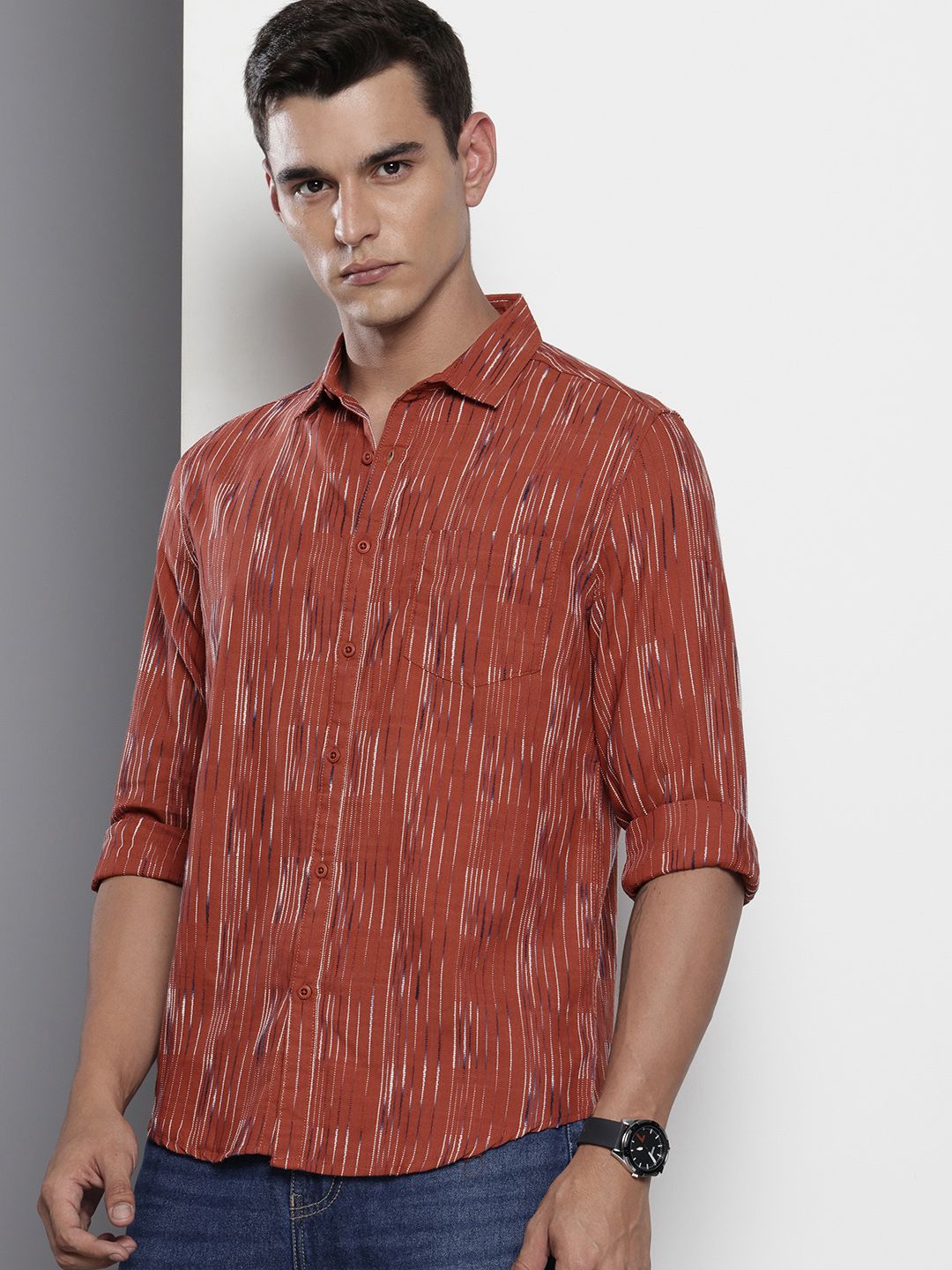 Men's Rust Slim Fit Striped Casual Shirt