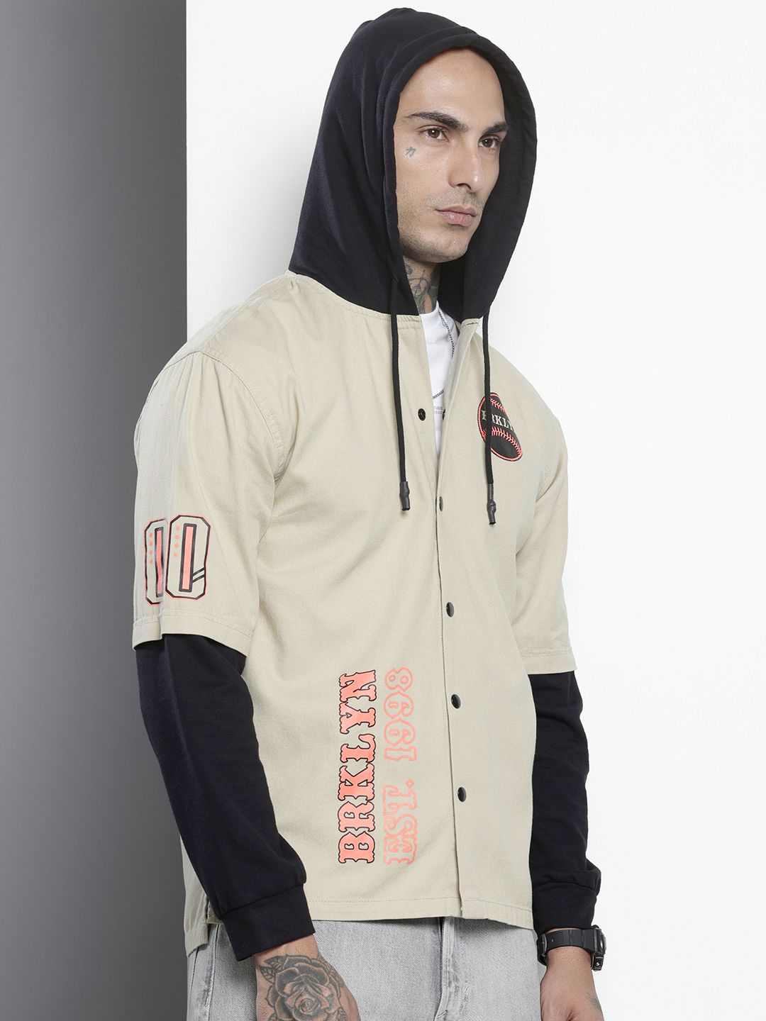 Men's Cream Regular Fit Graphic Print Street Wear Overshirt