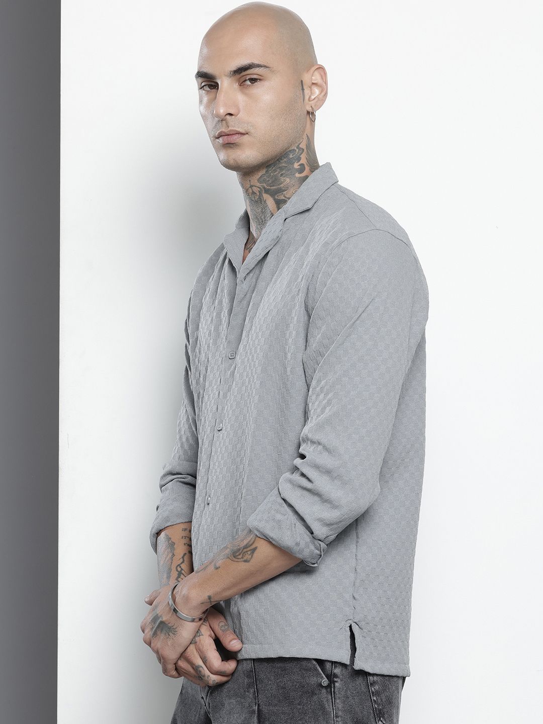 Men's Grey Relaxed Fit Solid Textured Shirt