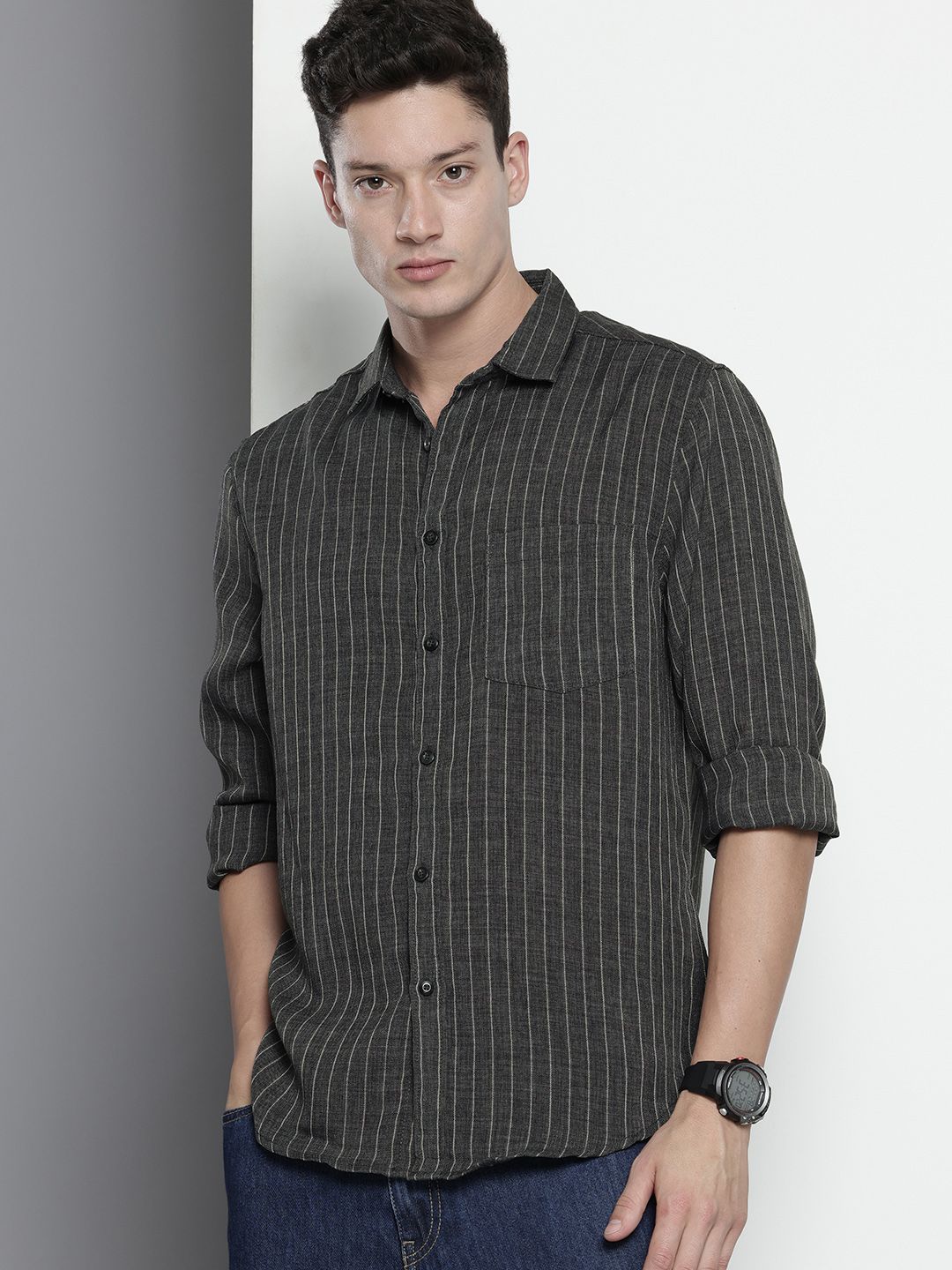 Men's Charcoal Slim Fit Striped Casual Shirt