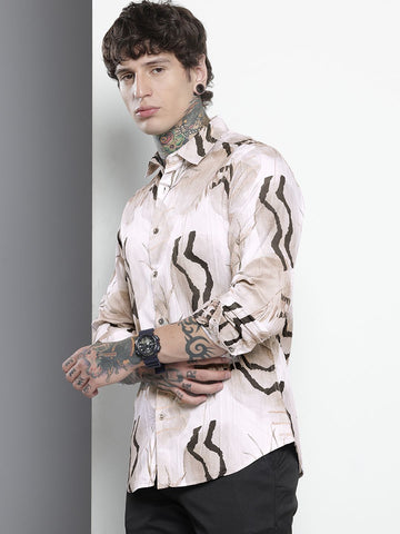 Men's Cream Slim Fit Printed Party Wear Shirt