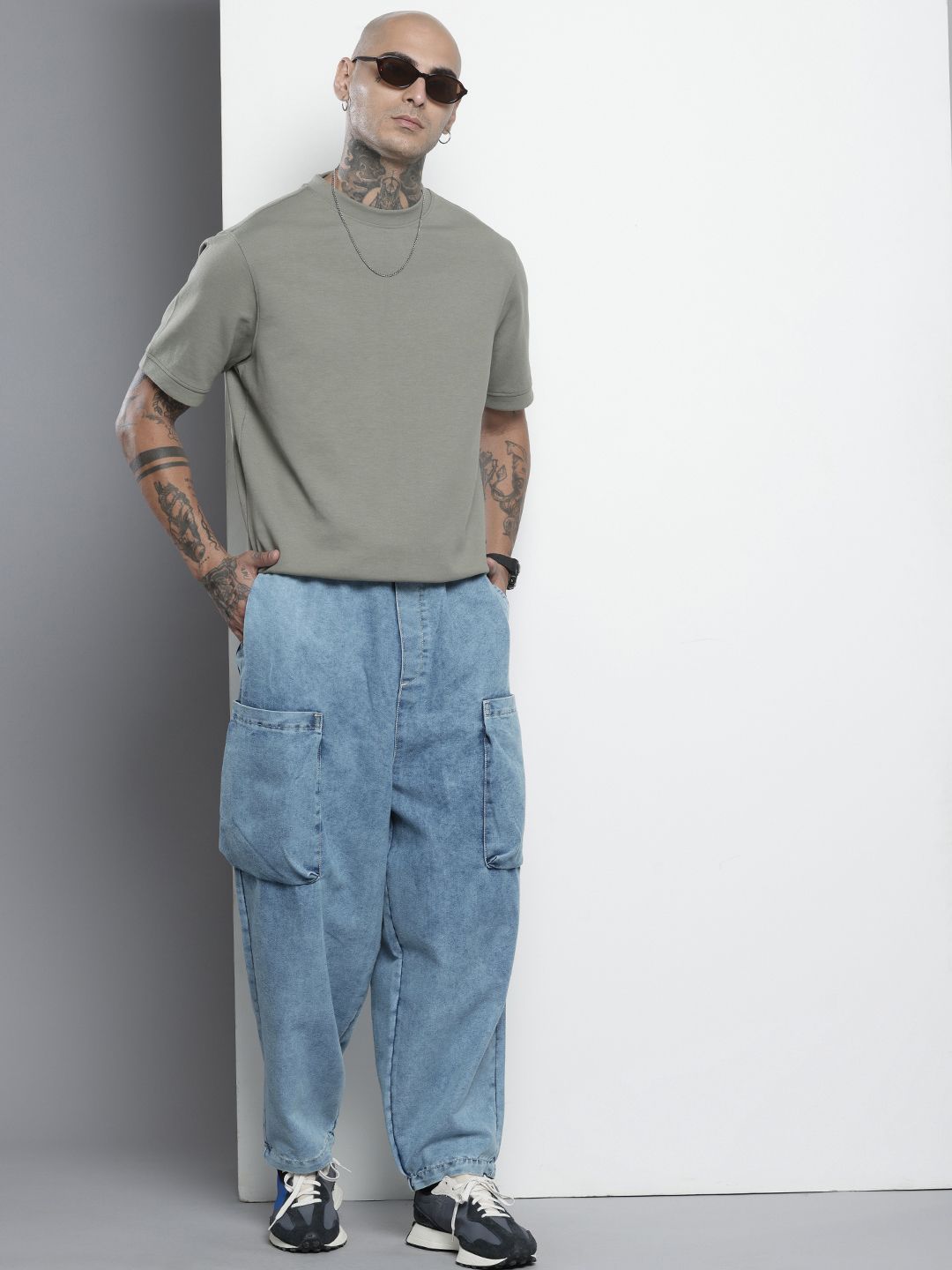 Men's Blue Loose Solid Denim Cargo Harem Pants
