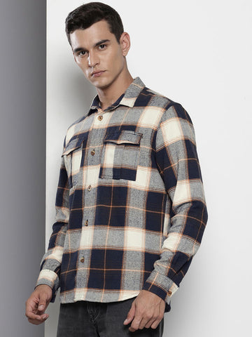 Men's Navy Blue Regular Fit Checked Casual Shirt