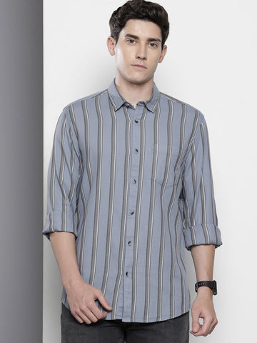 Men's Grey Slim Fit Striped Casual Shirt