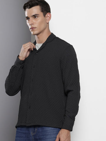 Men's Black Relaxed Fit Solid Textured Shirt