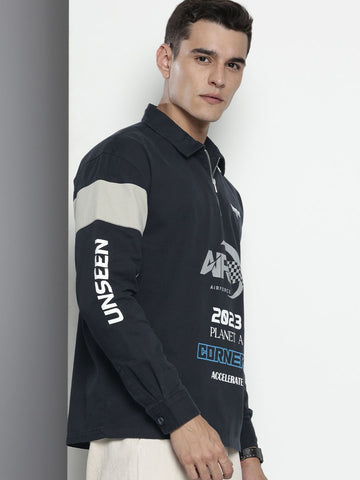 Men's Navy Blue Regular Fit Graphic Printed Street Wear Shirt
