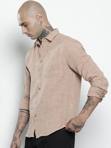 Men's Brown Slim Fit Striped Casual Shirt