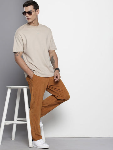 Men's Tan Regular Fit Textured Casual Trouser