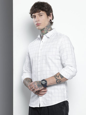 Men's White Slim Fit Checked Casual Shirt