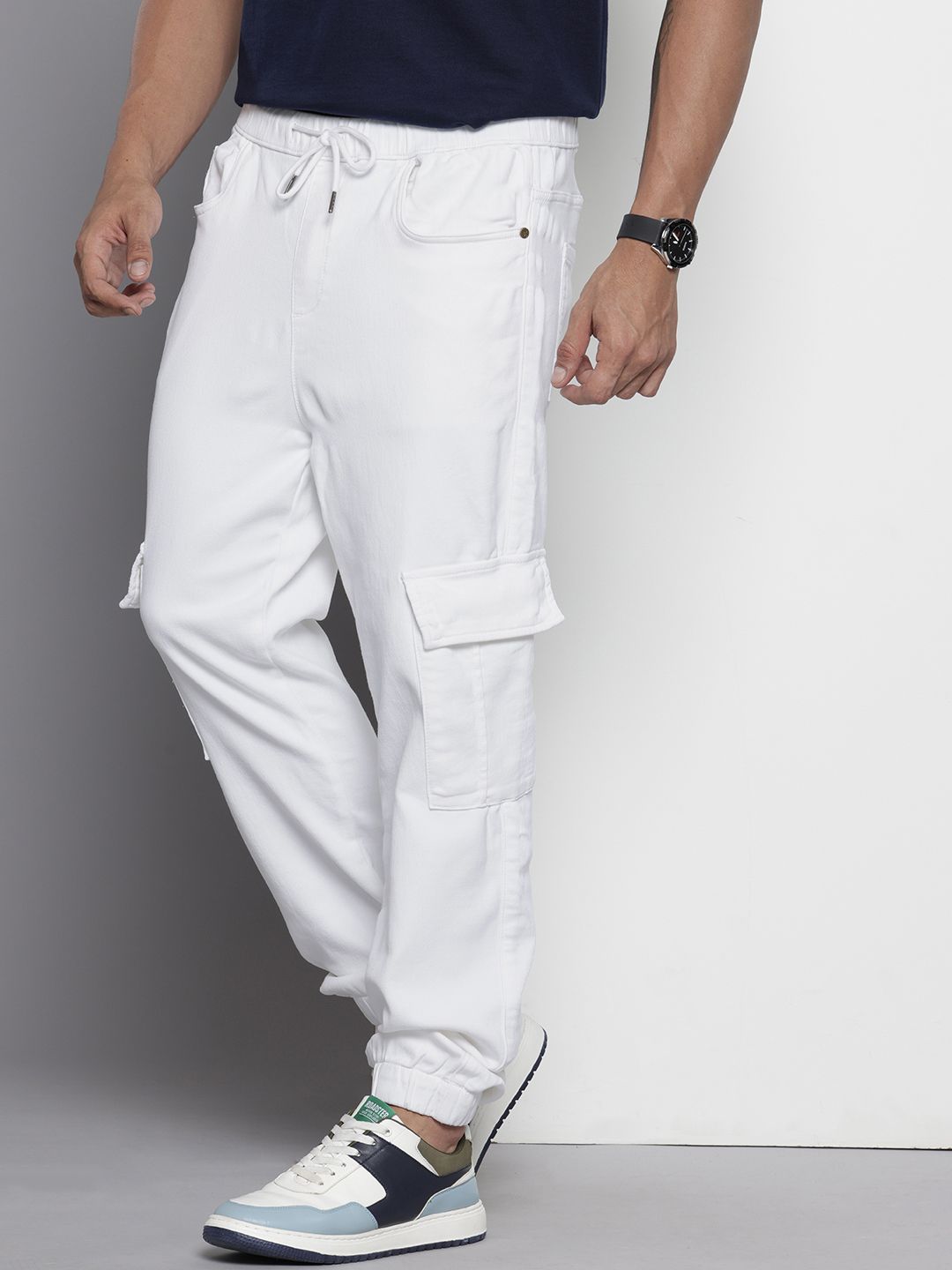 Men's White Regular Fit Solid Stretchable Denim Cargo Joggers