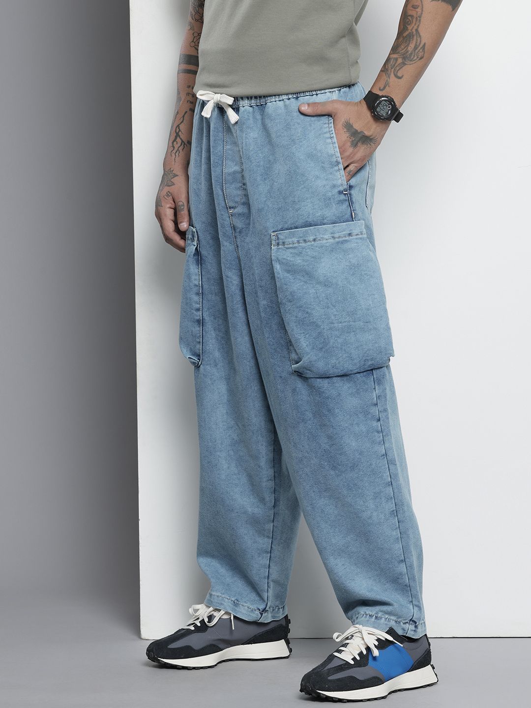 Men's Blue Loose Solid Denim Cargo Harem Pants