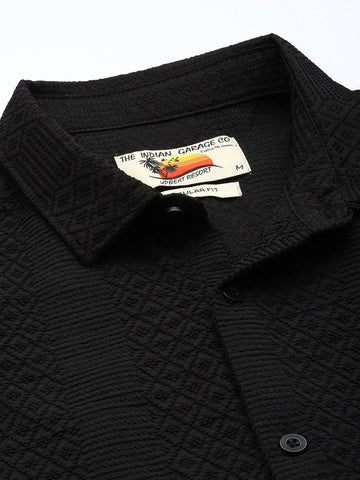 Men's Black Regular Fit Solid Textured Shirt