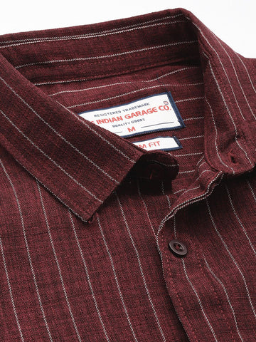 Men's Maroon Slim Fit Striped Casual Shirt