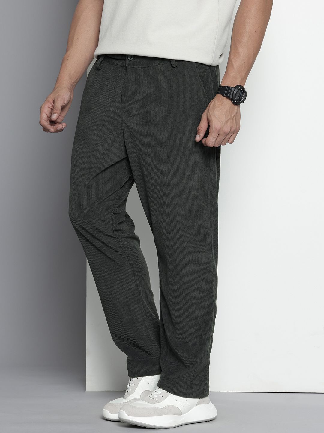Men's Dark Grey Regular Fit Textured Casual Trouser