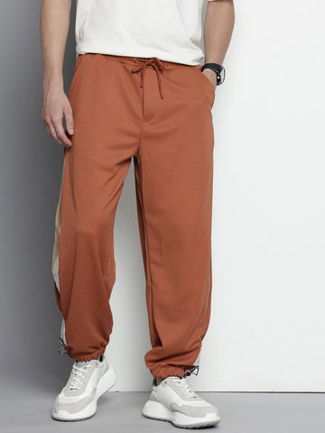 Men's Brown Relaxed Fit Textured Baggy Joggers