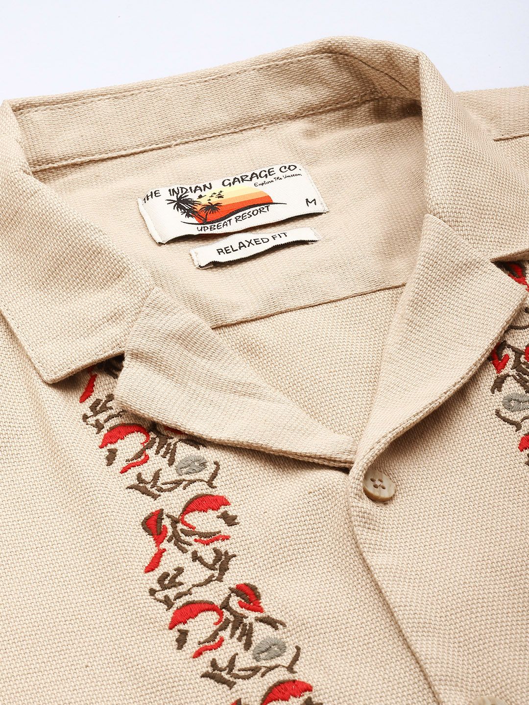 Men's Khaki Relaxed Fit Embroided  Resort Wear Shirt