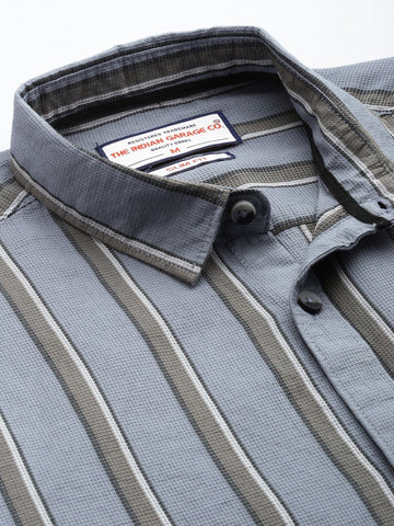 Men's Grey Slim Fit Striped Casual Shirt