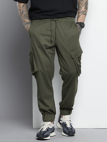 Men's Olive Relaxed Fit Textured Cargo Joggers