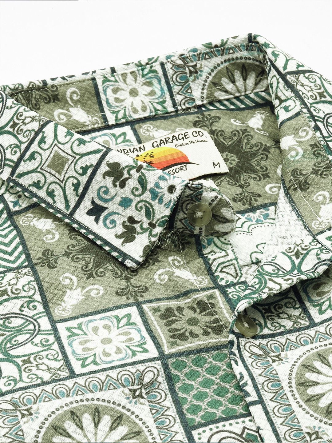 Men's Green Regular Fit Indie Print Textured Shirt