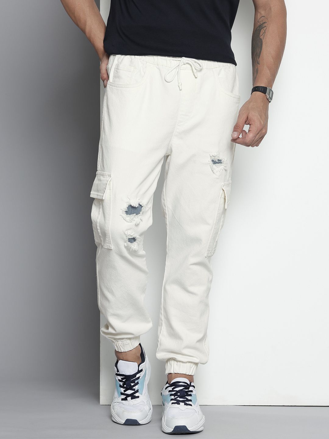 Men's White Regular Fit Solid Stretchable Denim Joggers