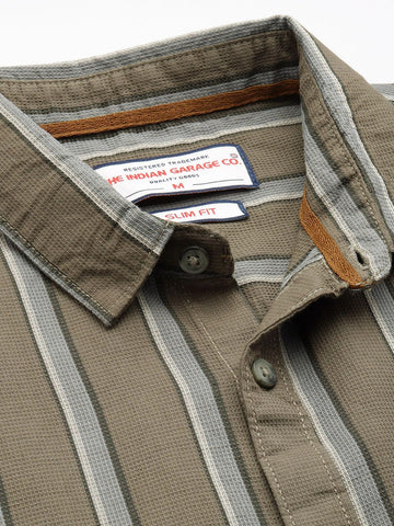 Men's Olive Slim Fit Striped Casual Shirt
