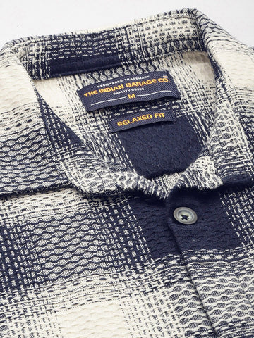 Men's Navy Blue Relaxed Fit Textured Casual Shirt