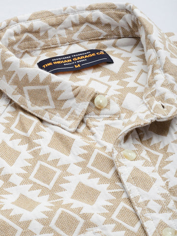 Men's Beige Relaxed Fit Printed Vintage Shirt