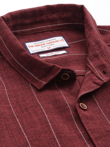 Men's Maroon Slim Fit Striped Casual Shirt