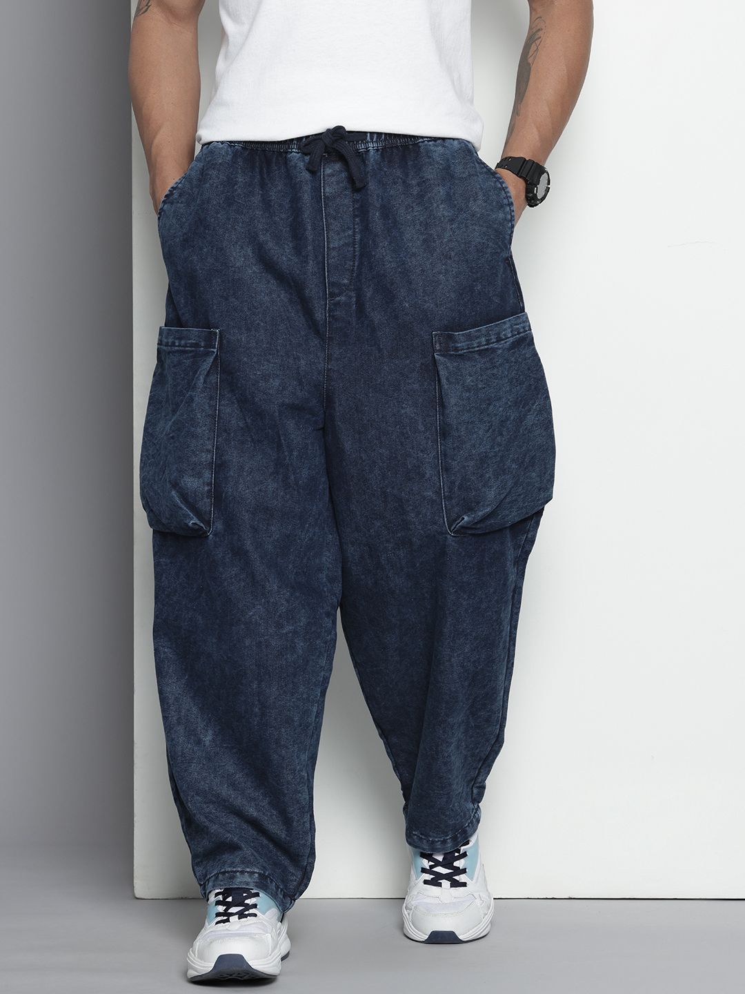 Men's Blue Loose Solid Denim Cargo Harem Pants