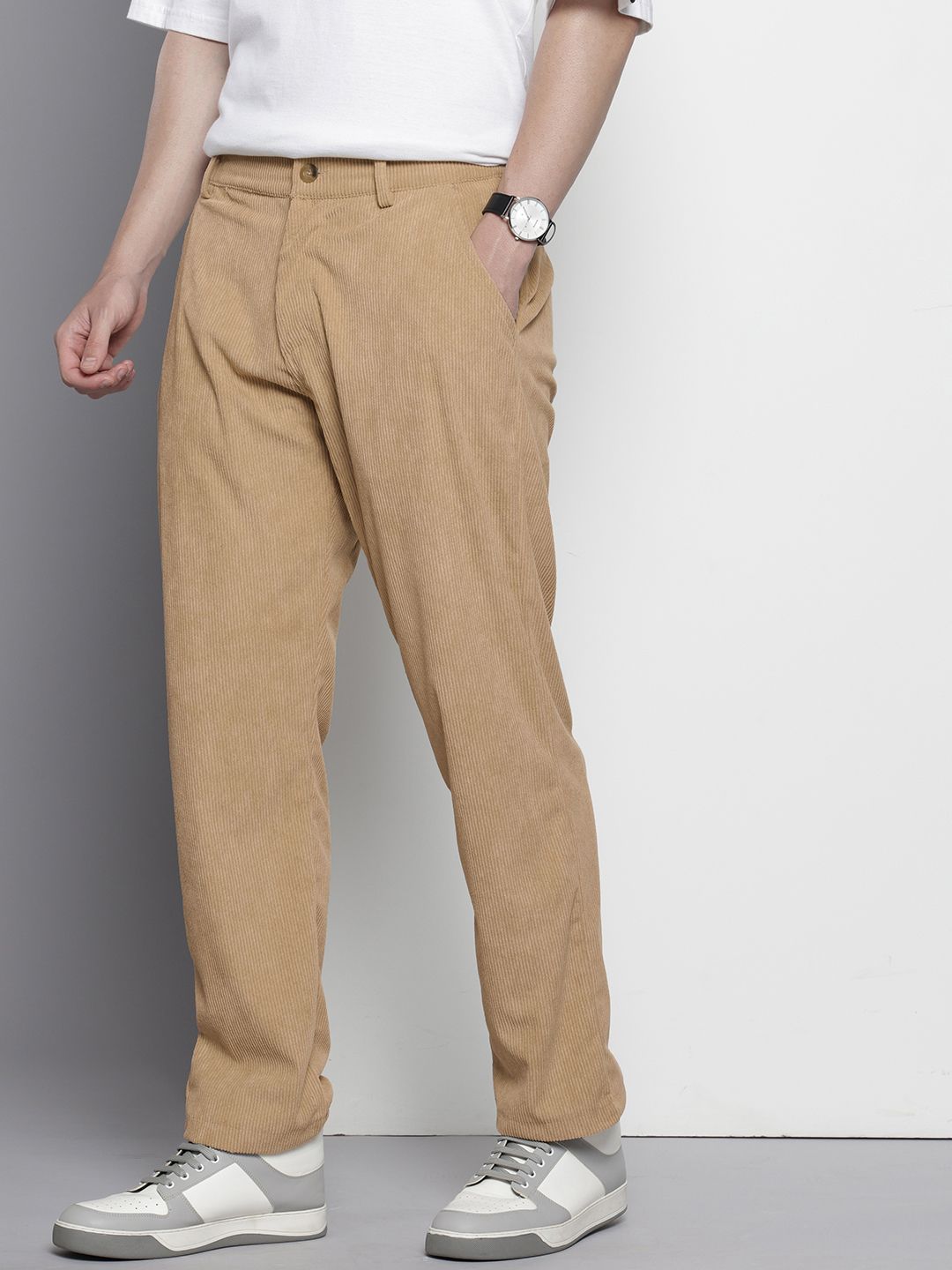 Men's Light Khaki Regular Fit Textured Casual Trouser
