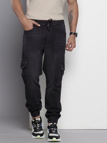 Men's Black Regular Fit Solid Stretchable Denim Joggers