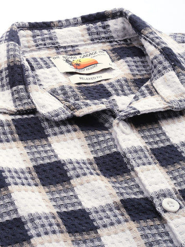Men's Navy Blue Relaxed Fit Checked Textured Shirt