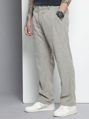 Men's Grey Straight Fit Textured Trousers