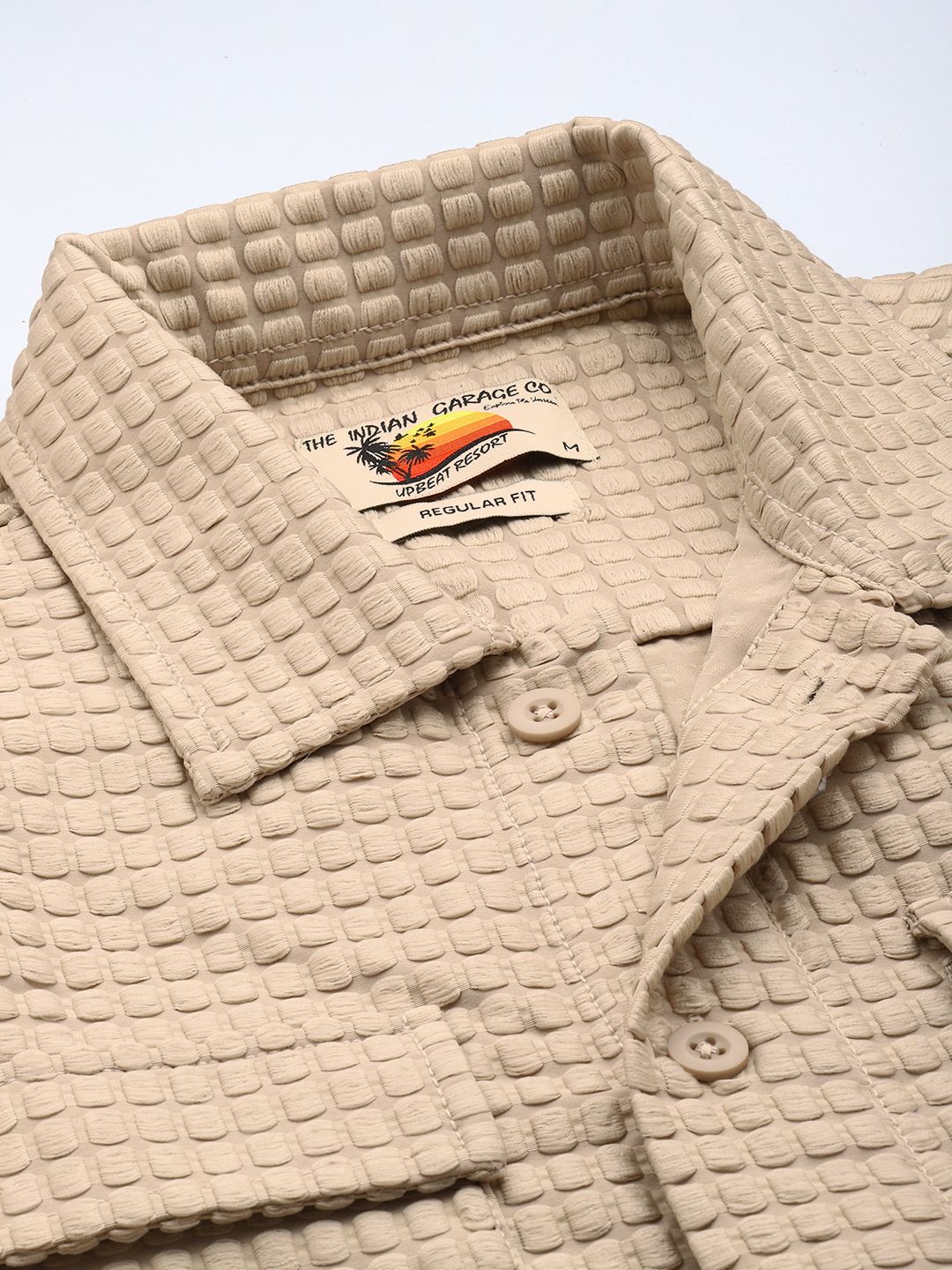 Men's Cream Regular Fit Solid Textured Shirt