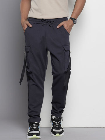 Men's Grey Tapered Fit Solid Cargo Joggers