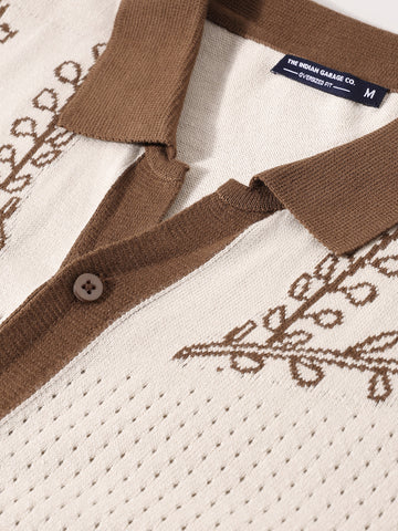 Men's Cream Oversized Fit Textured Flat Knit Shirt